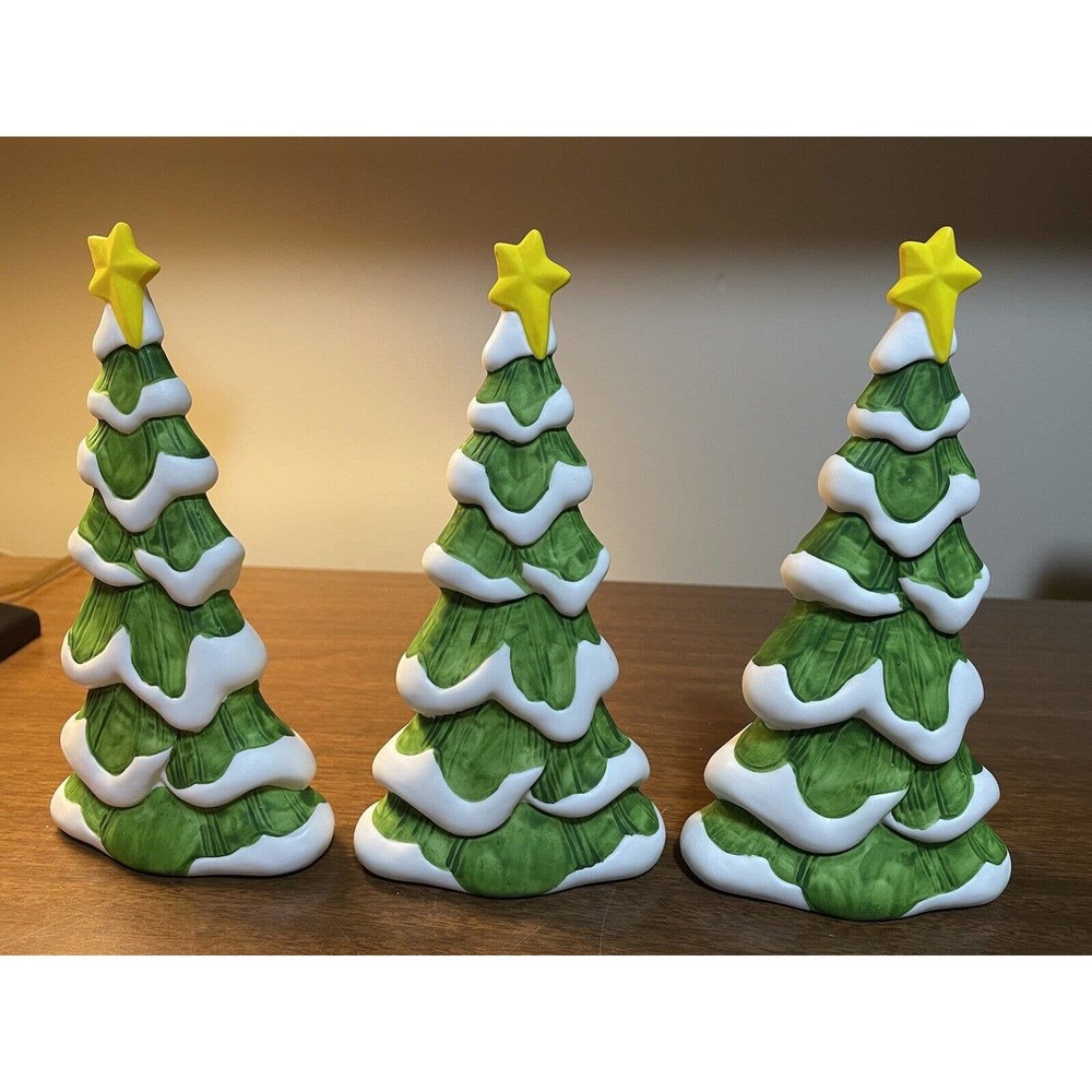 Department 56 Ceramic 8” Christmas tree snow Star Village Accessories, Set Of 3